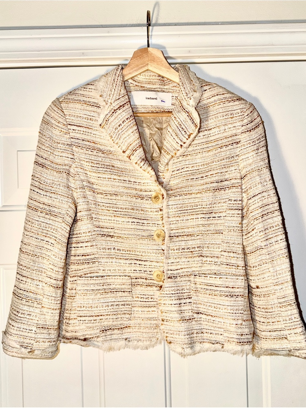 Cacharel Ivory Boucle Tweed Blazer Jacket Fringe Raw Hem French Designer S